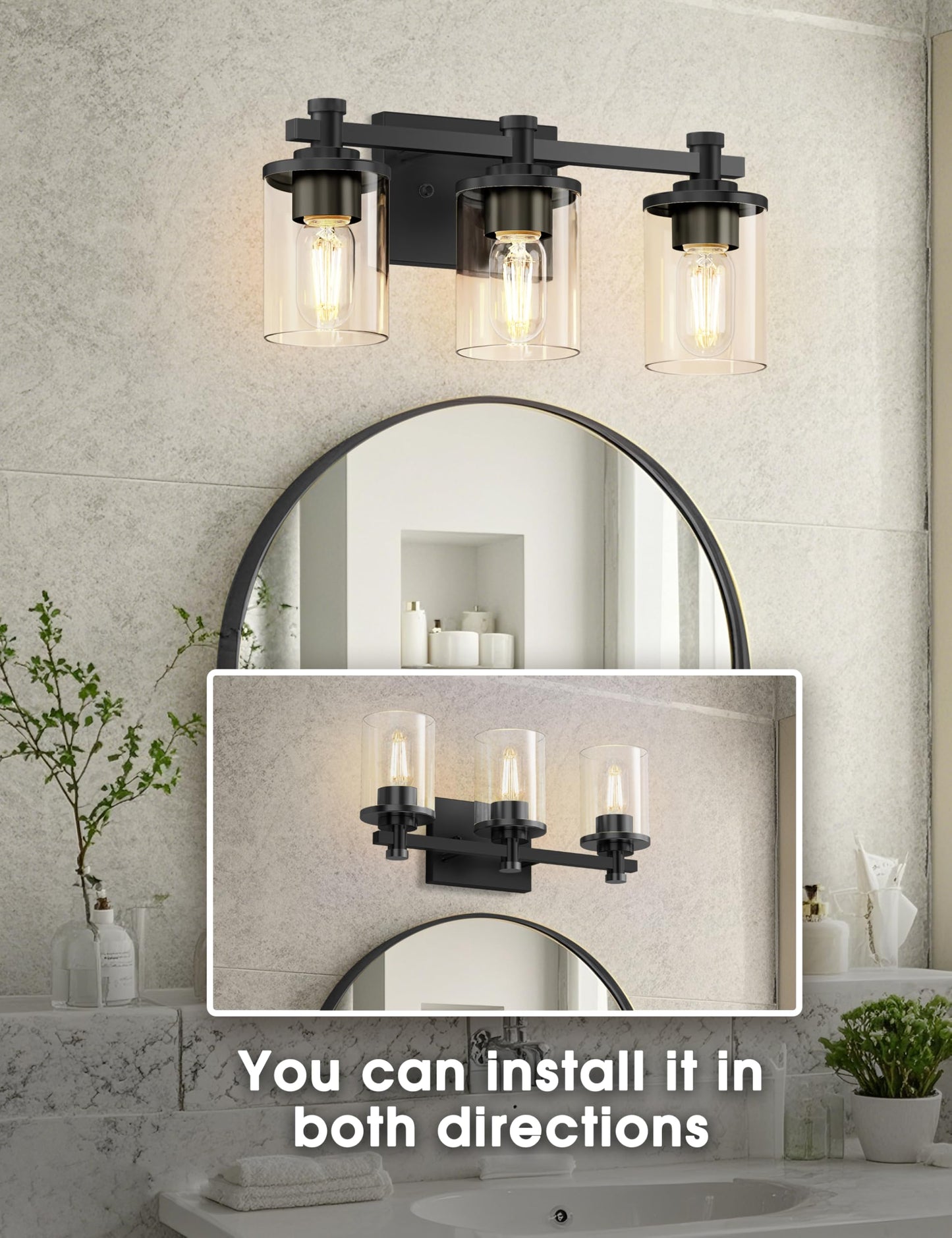 L Lohas Led Bathroom Vanity Light  3-Light Modern Black Wall Sconce Lighting With Clear Glass Shade  Lighting Fixtures Over Mirror  Vanity Light 17In