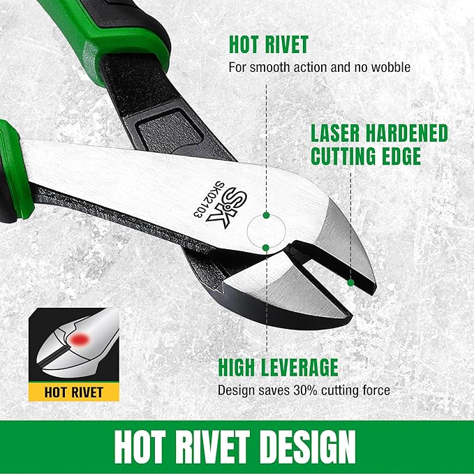 SK 8-Inch Diagonal Pliers, Heavy Duty Side Cutters, High Carbon Steel, Ergonomic Anti-slip Handle for Comfortable Grip