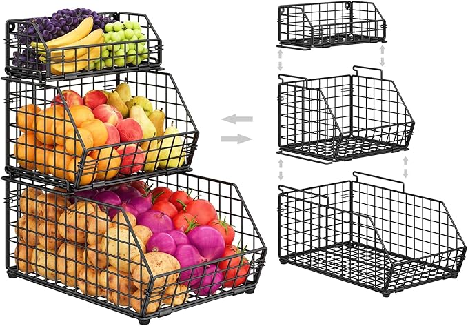 3-Tier Fruit Basket for Kitchen Counter, Stackable Wire Baskets Wall, Potato and Onion Storage Bins, Pantry Organizers and Storage for Potato, Onion, Produce, Fruit, Vegetable, Snack
