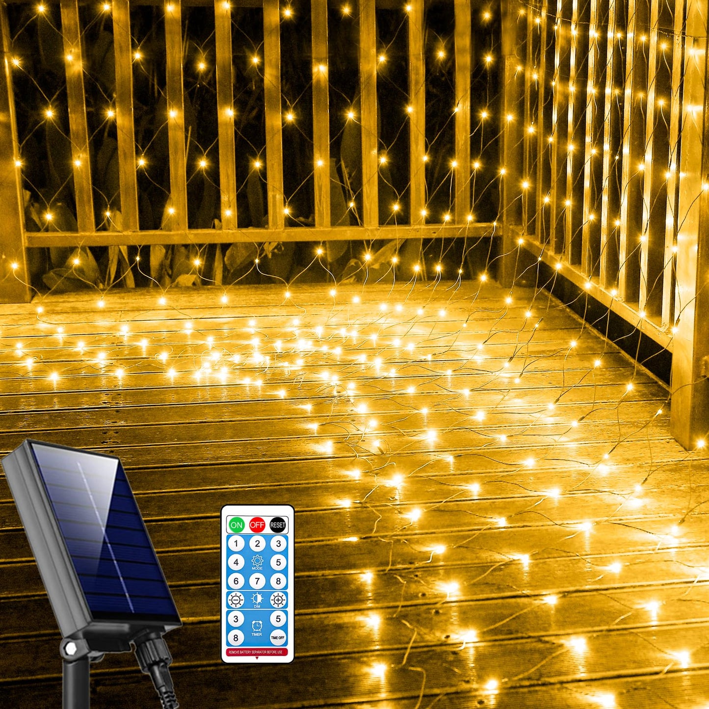 HEYCOLOR Solar Net Lights, 360 LED Warm White, Waterproof, 21ft x 5ft, Green Wire, Remote Control, Model LR-(1-1000) L-SL01