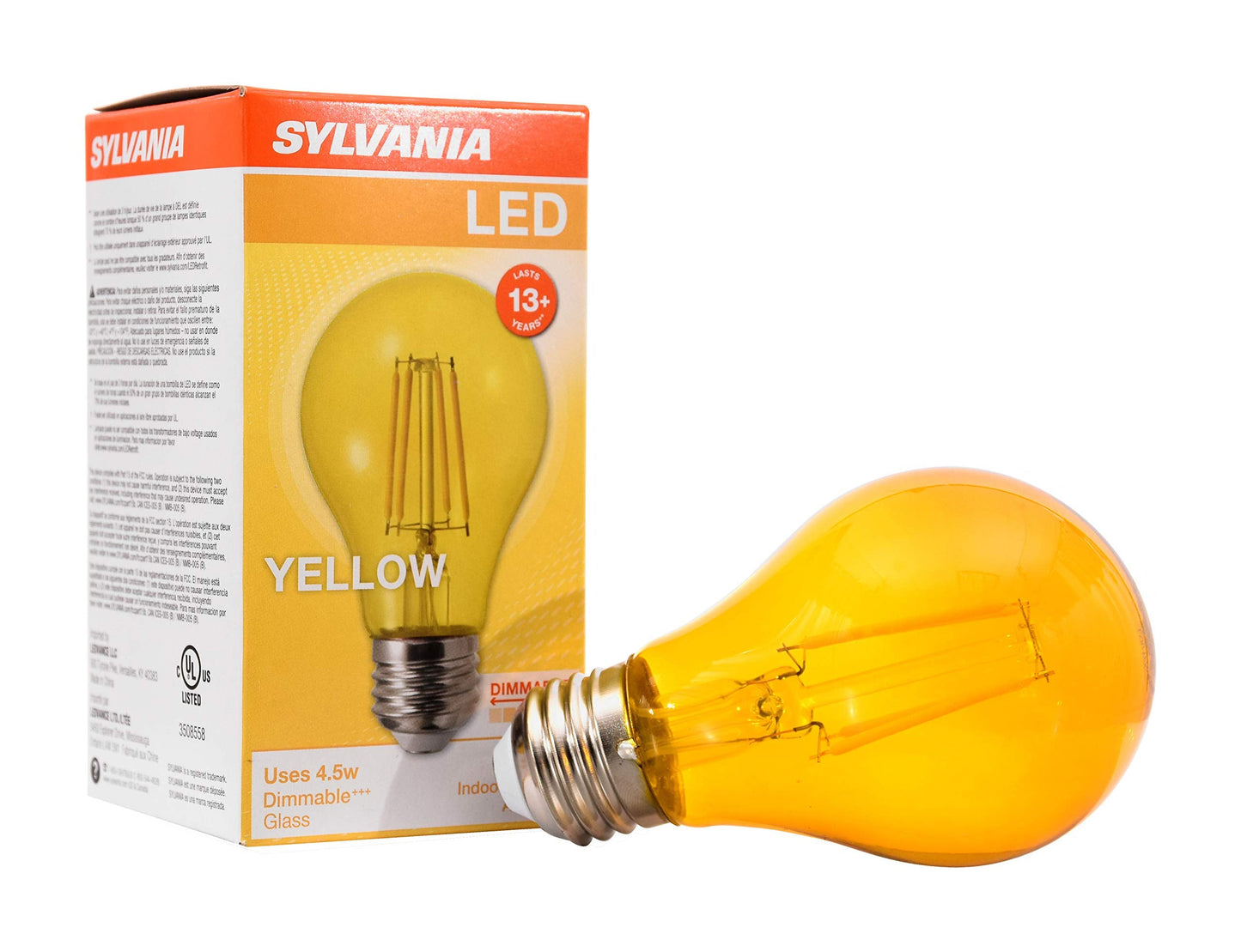 Ledvance Sylvania A19 Dimmable Yellow Glass Filament Light Bulb, 4.5W, E26 Base, 1 Pack