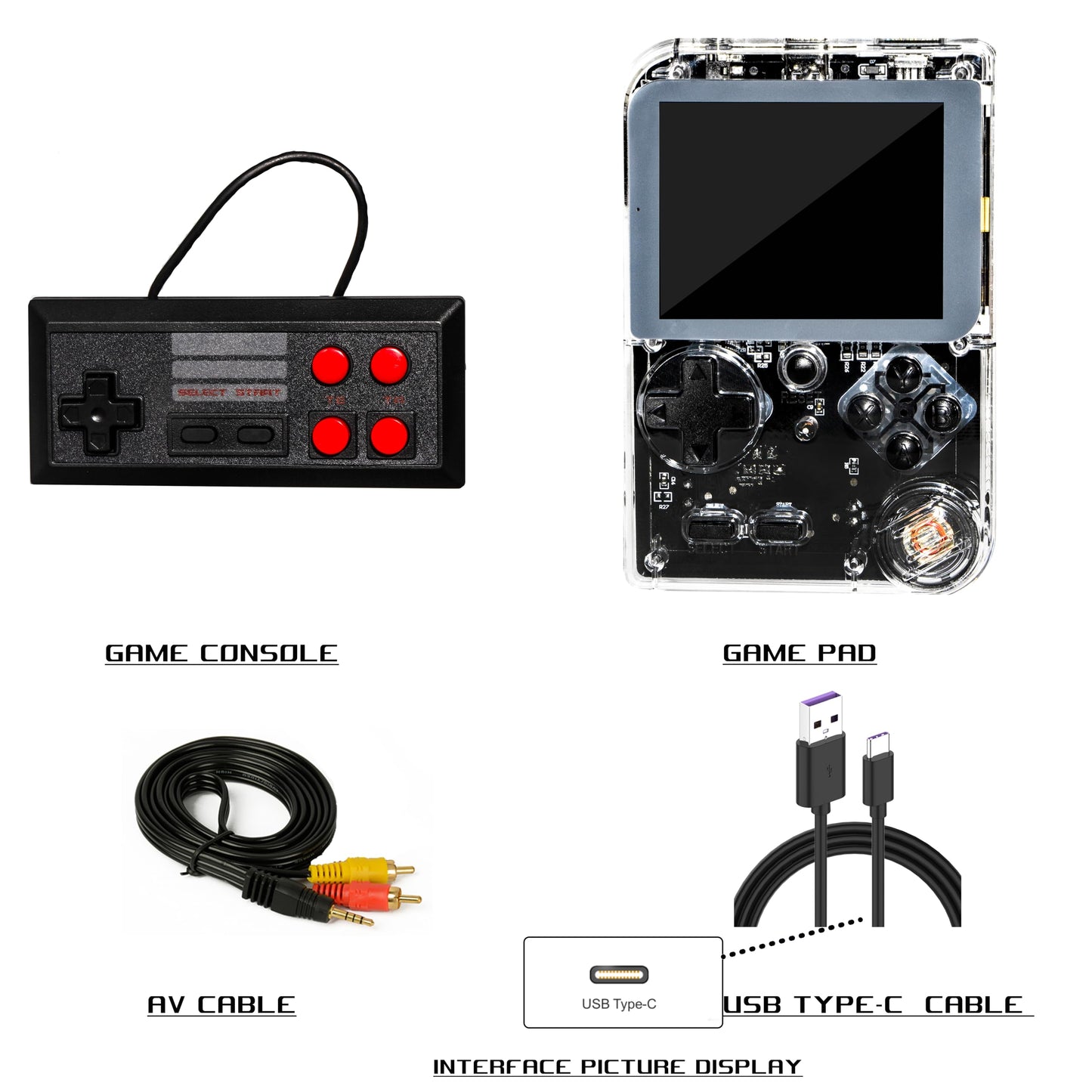 Retro Handheld Game, 3 Inch LCD Screen Portable Video Game Console with 256 Classic Games, 800 mAh Rechargeable Battery Support for Connecting TV and Two Players (Transparent White )