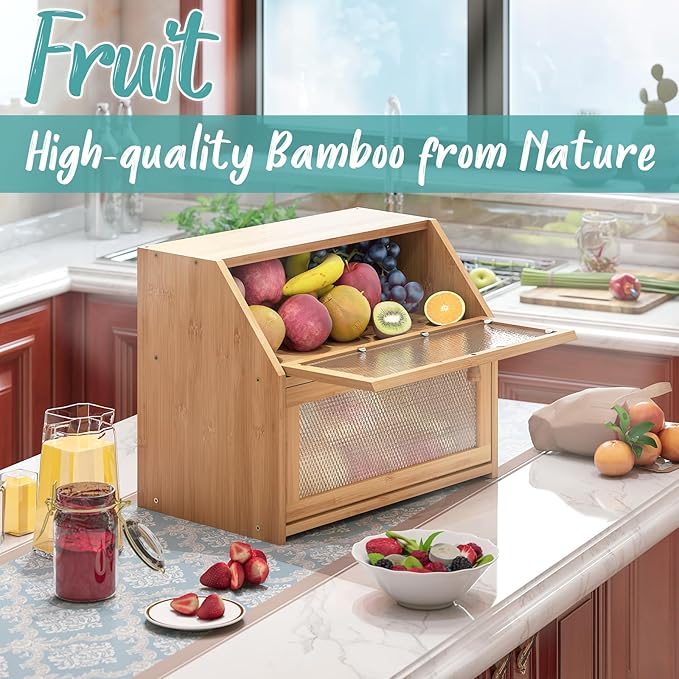 Bread Box, Bamboo Wood Bread Box for Kitchen Counter, Double-layer Bread Storage Bin, Acrylic glass with Diamond Patterns (Natural, Large)