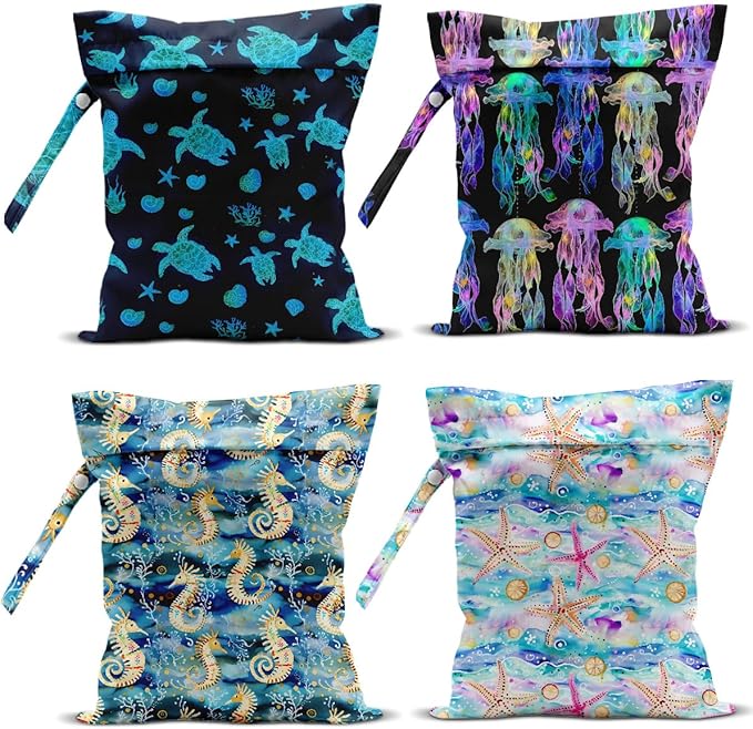 4 Pack Wet Bag for Swimsuit, Beach Travel Essentials Wet Dry Bag, for Sunscreen Toiletry Dirty Clothes Yoga Gym Diaper, Friend Summer Beach Vacation Gifts. Marine Life Theme