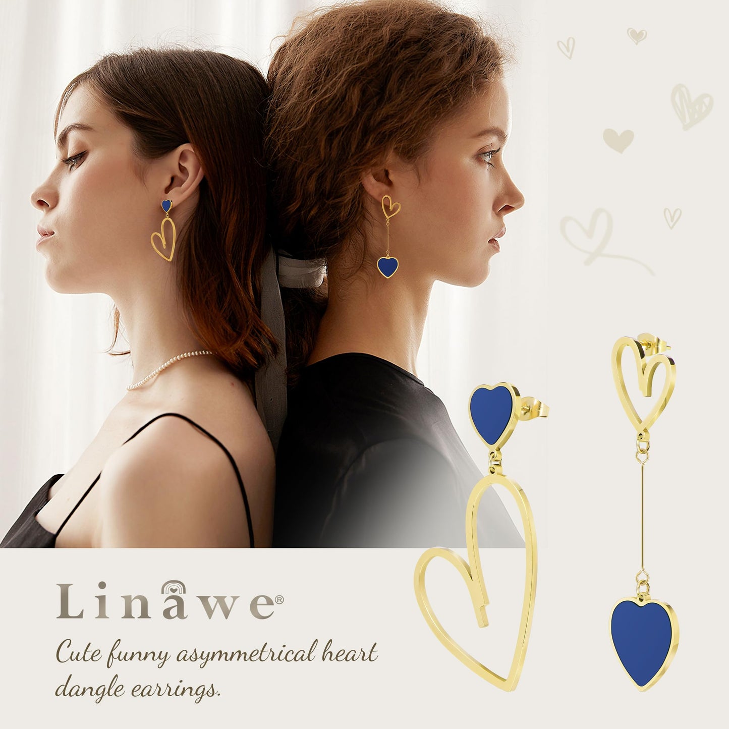 Linawe Gold Heart Earrings for Women Trendy, Royal Blue Dangle Drop Earrings Dangling, Titanium Stainless Steel Hypoallergenic H
