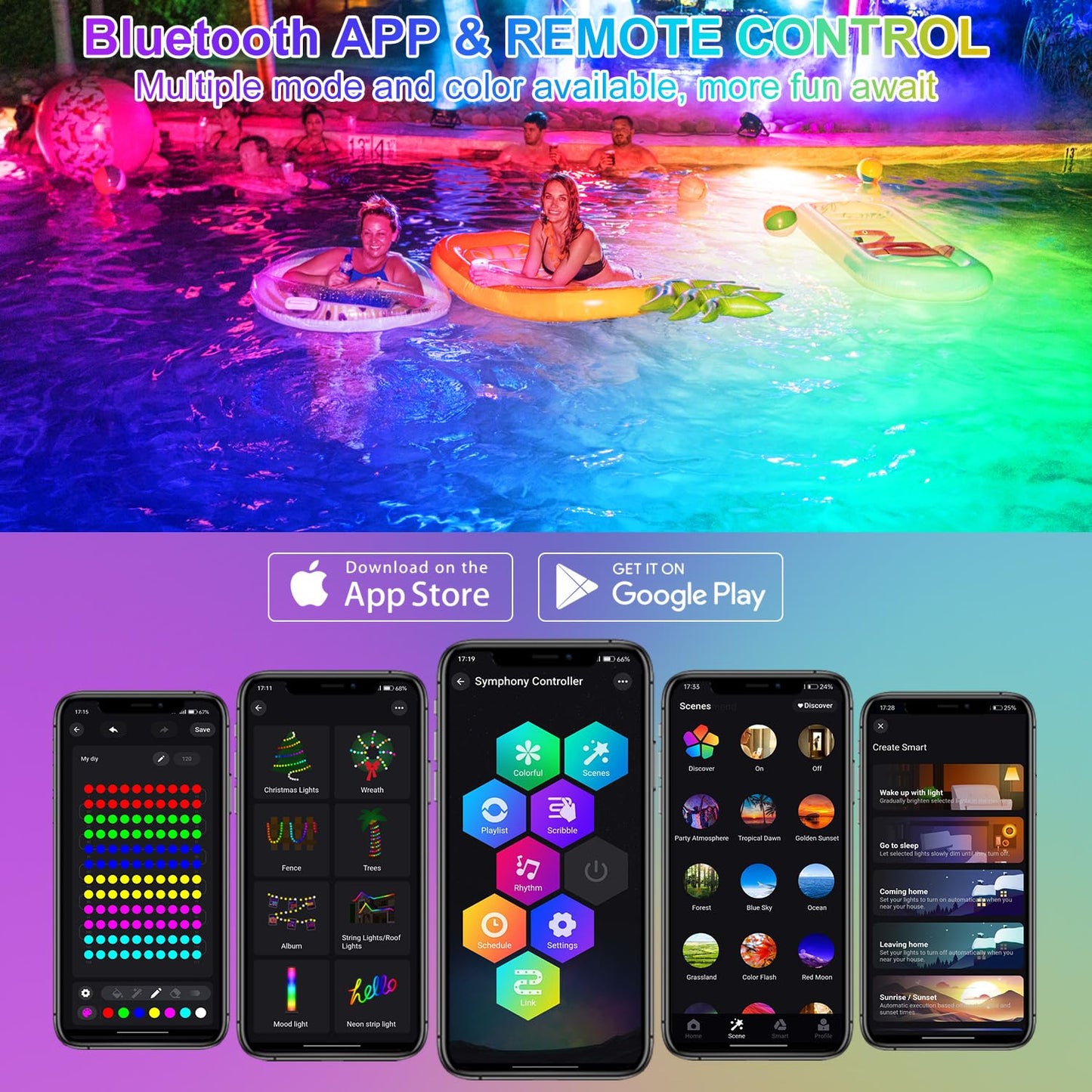 T-SUN Colored Pond Lights - LED Submersible Fountain Light, Bluetooth & Remote Control, IP68 Waterproof, Set of 1, Multicolor, Model TS-F2220