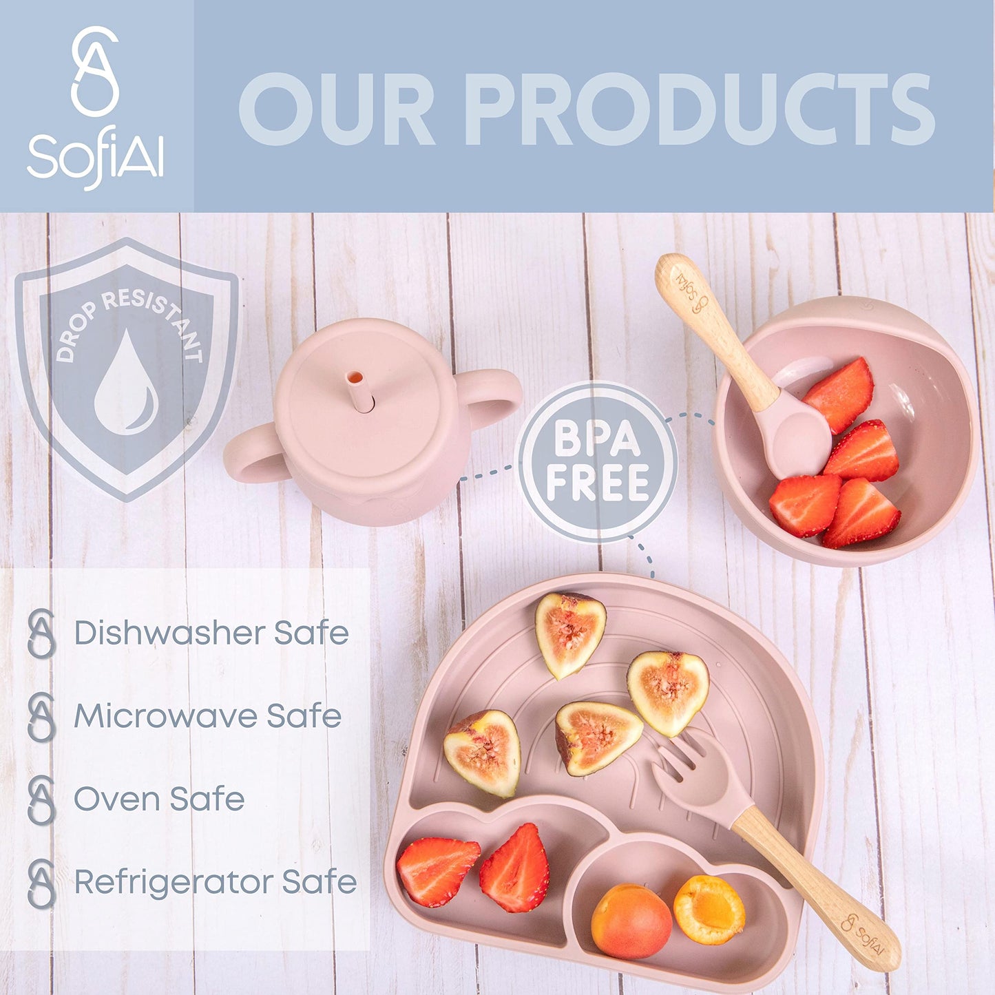 SofiAl All In One Silicone Feeding Set - Safe for 6-12 Months - Non-Toxic Baby Led Weaning Supplies - Toddler Self Feeding Utensils - BPA-Free - Mess Free Essentials