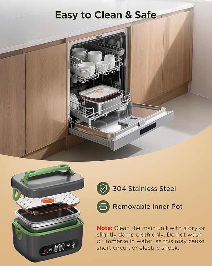 Cordless Electric Lunch Box for Adults：20000mAh Rechargeable Heated Lunch Box with Self Heating & 1.2L Portable Food Warmer for Work Travel Car(Gray-Green)