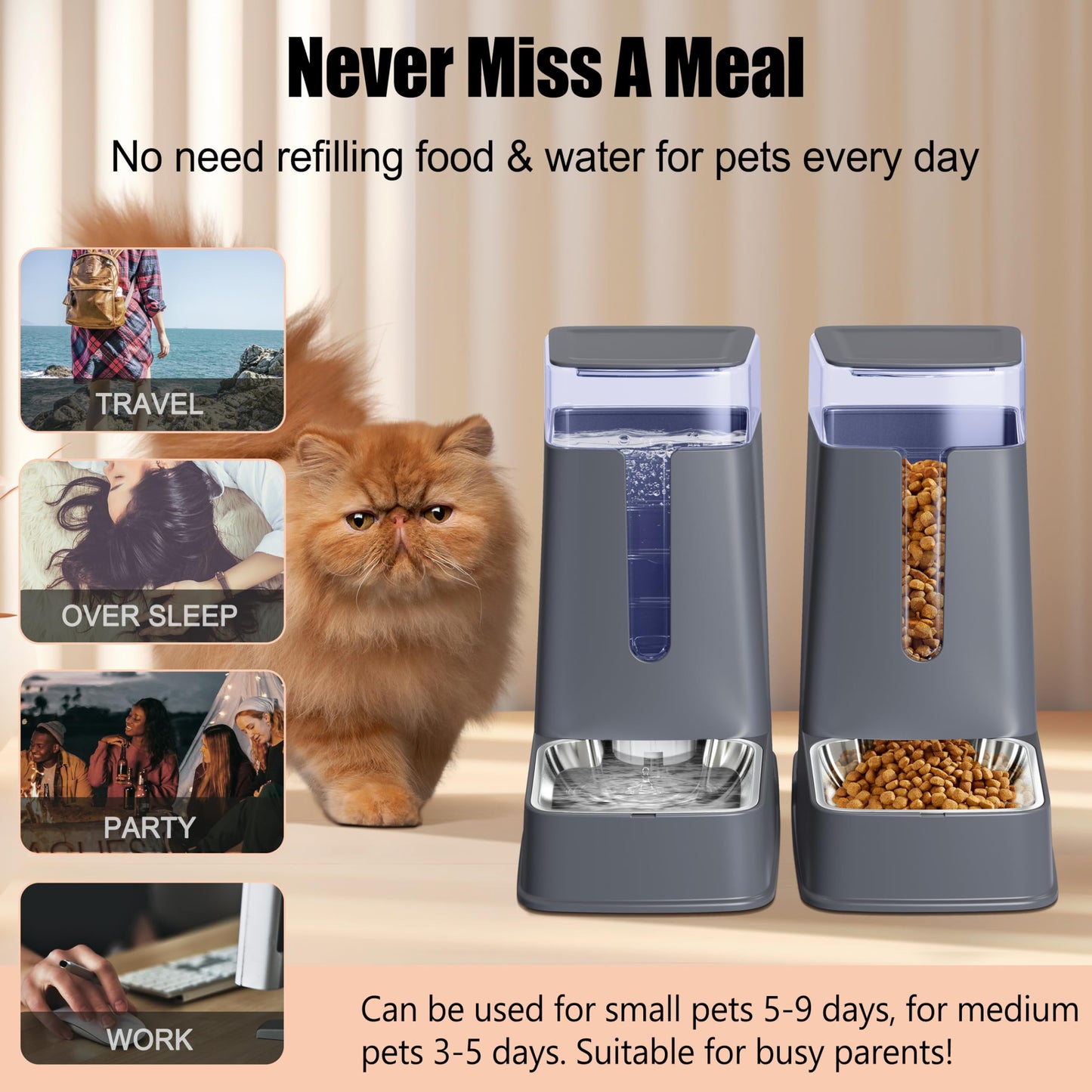 Meowyoyo Automatic Cat Feeder and Cat Water Dispenser Set with Stainless Steel Bowls Gravity Dog Feeder for Small Medium Big Dog Pets Puppy Kitten, 3.8Lx 2