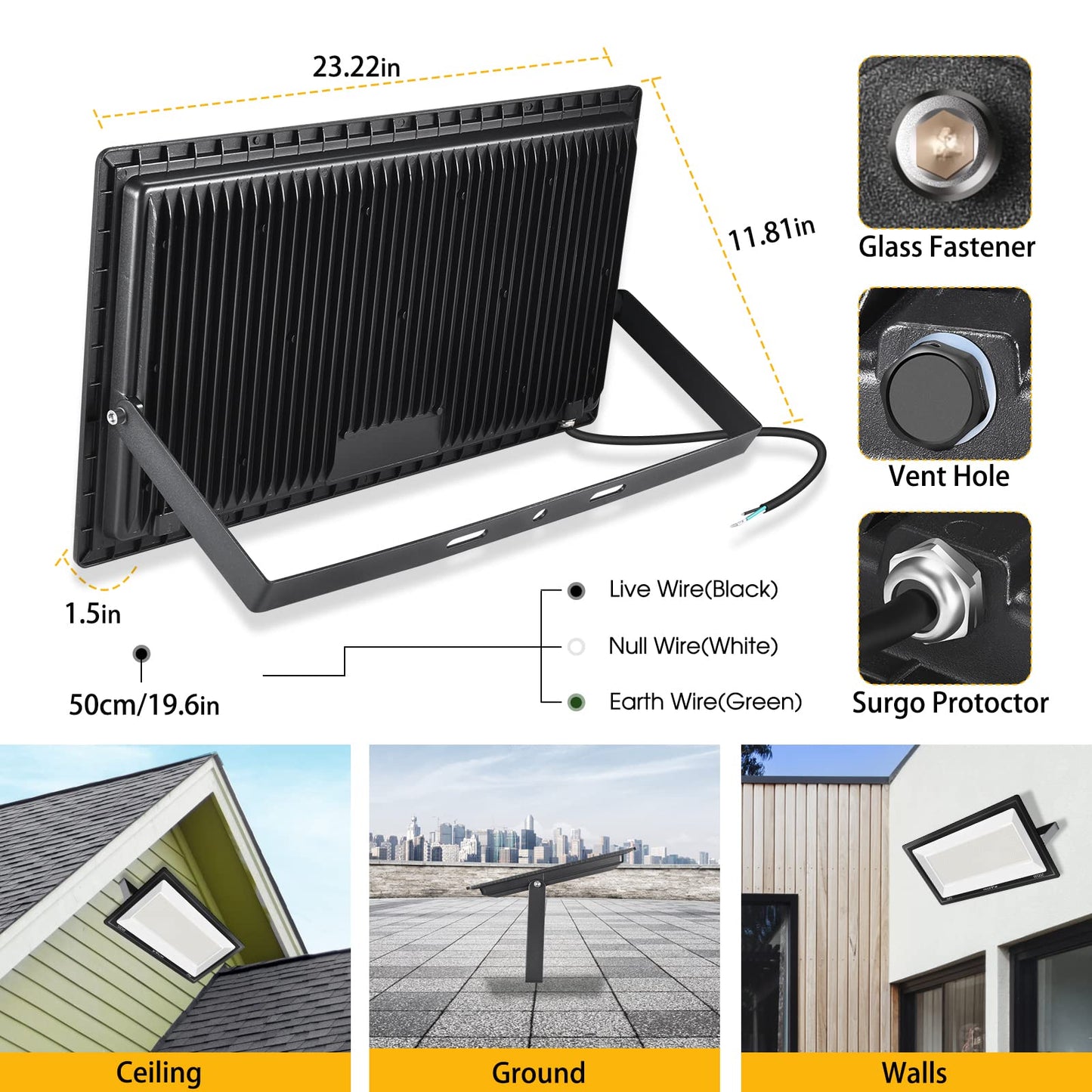 Xycn 500W Led Flood Light (2750W Equivalent) Super Bright 58 500Lm Daylight 5000K Ip66 Waterproof Security Outdoor Led Arena Lights Commercial Lighting Floodlight For Backyard|Court|Stadium|Fields