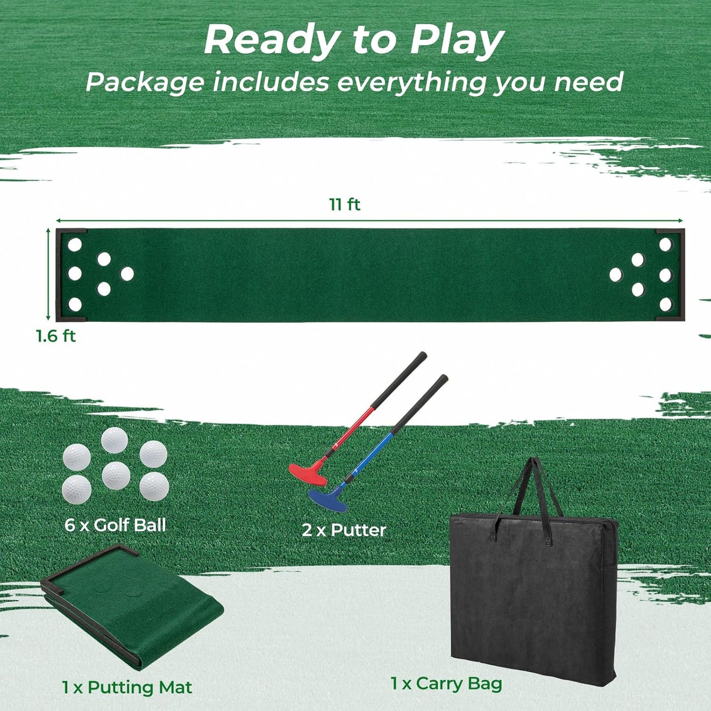 Tangkula 11 FT Golf Putting Game Set, Indoor Outdoor Putting Green Mat with 2 Adjustable Putters, 6 Balls & 12 Holes for Party, Backyard, Home & Office, Golf Practice Training Mat