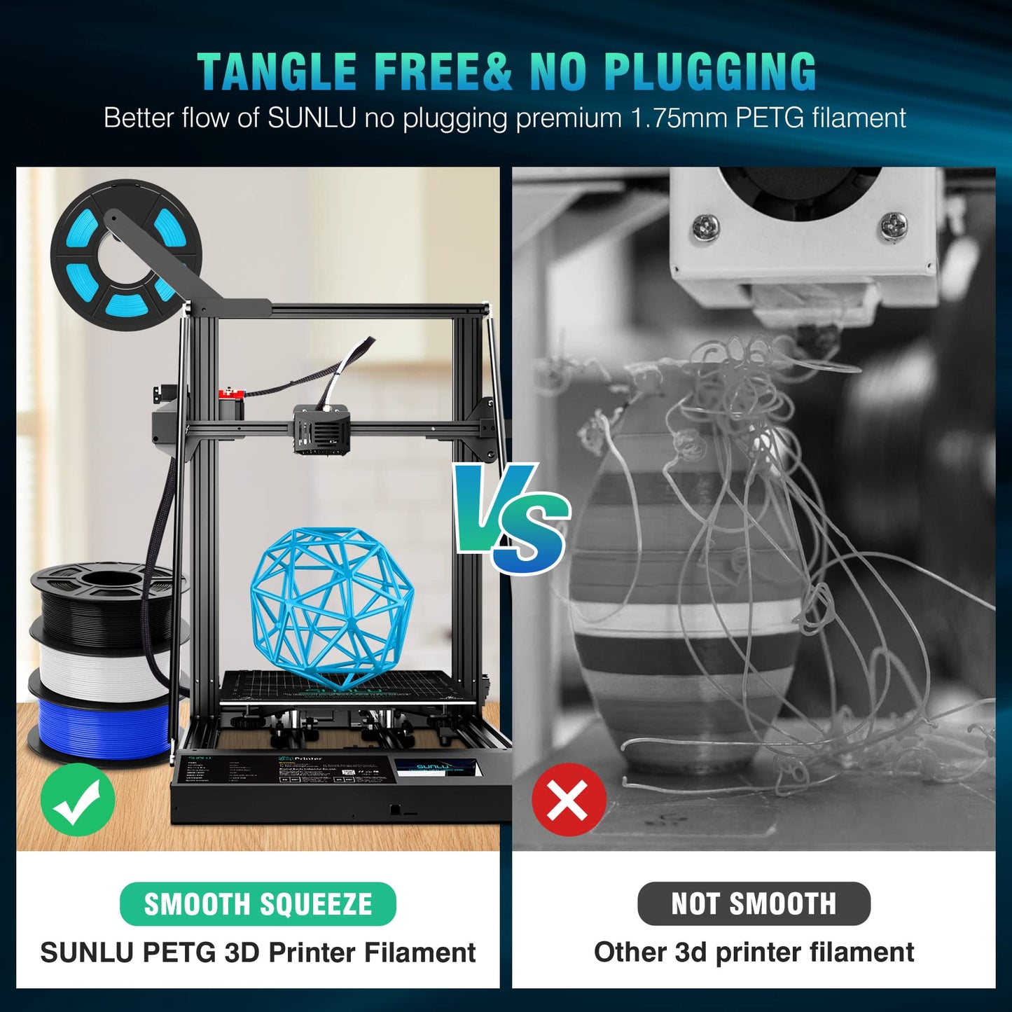 SUNLU PETG Filament 2KG, High Strength PETG 3D Printer Filament 1.75mm, Dimensional Accuracy +/- 0.02mm, 1KG Spool(2.2lbs), 2 Pack, Black+White