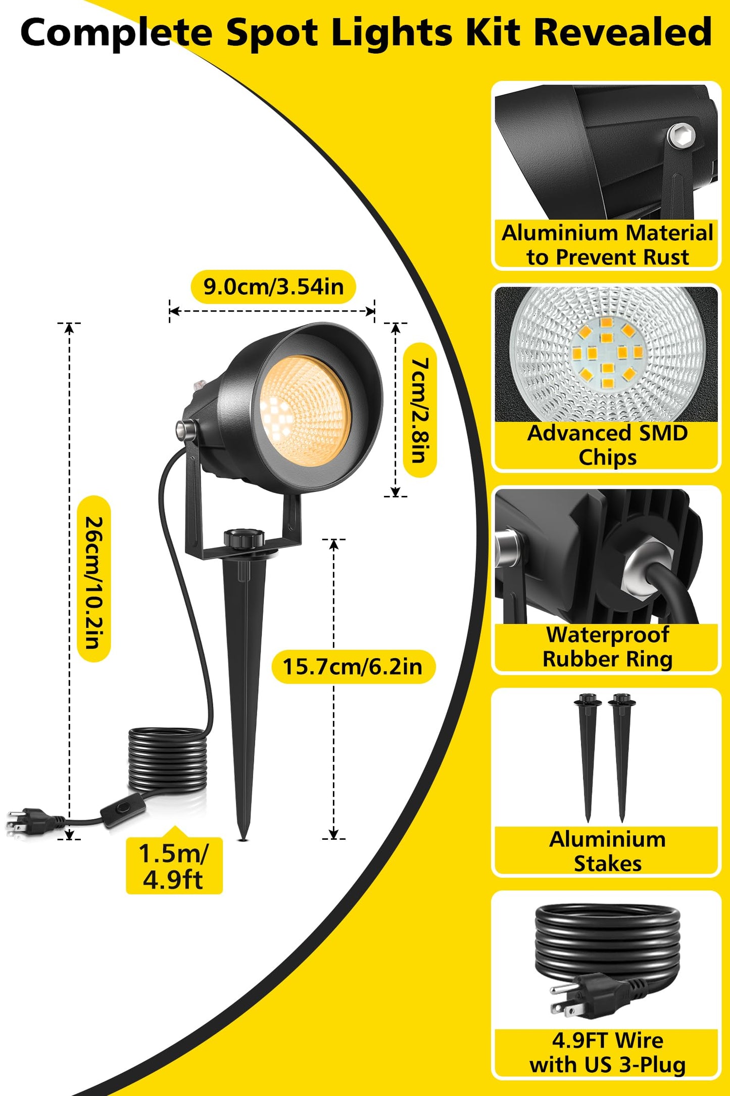 T-Sun Dusk To Dawn Outdoor Lighting  Flag Spot Lights With Photocell Auto On/Off  Waterproof 3000K Warm White Led Plug-In Landscape Spotlights For Garden Yard Tree Pathway Pole House
