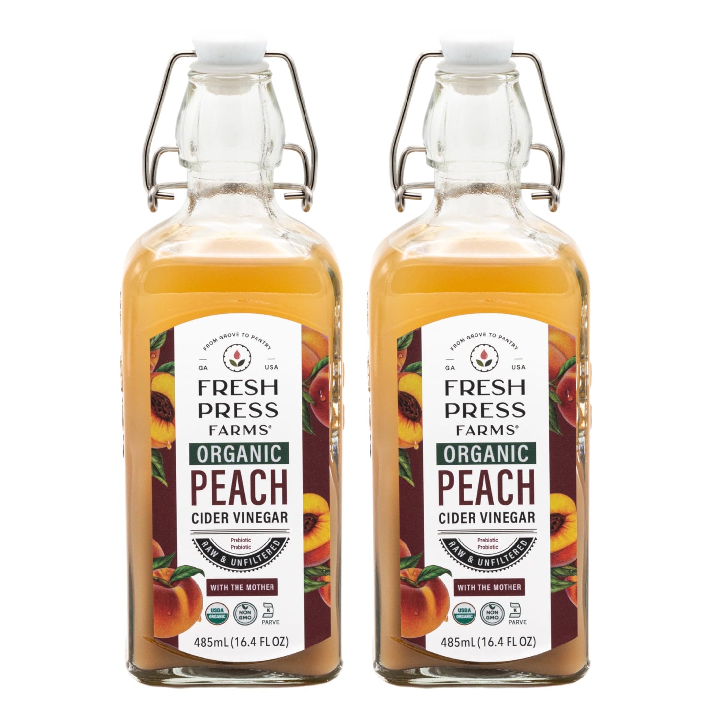 Fresh Press Farms Organic Peach Cider Vinegar with the Mother  16.4 Fl Oz (Pack of 2)  Georgia Made  Raw  Unfiltered  Certified Whole30  Non-GMO
