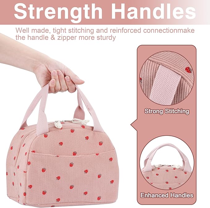 Lunch Bag - Insulated Lunch Box for Women, Reusable Large Capacity Cooler Bag for Adult, Small Leakproof Cute Corduroy Lunch Tote for Work Office Travel Picnic (Corduroy Strawberry Pink)