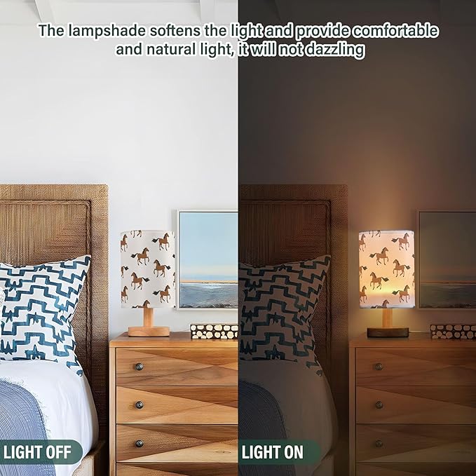 Table Lamp Brown Horse Pattern Nightstand Lamp with Wood Base Fabric Lamp Shade Bedside Desk Lamp for Living Room Bedroom Kids Room Office