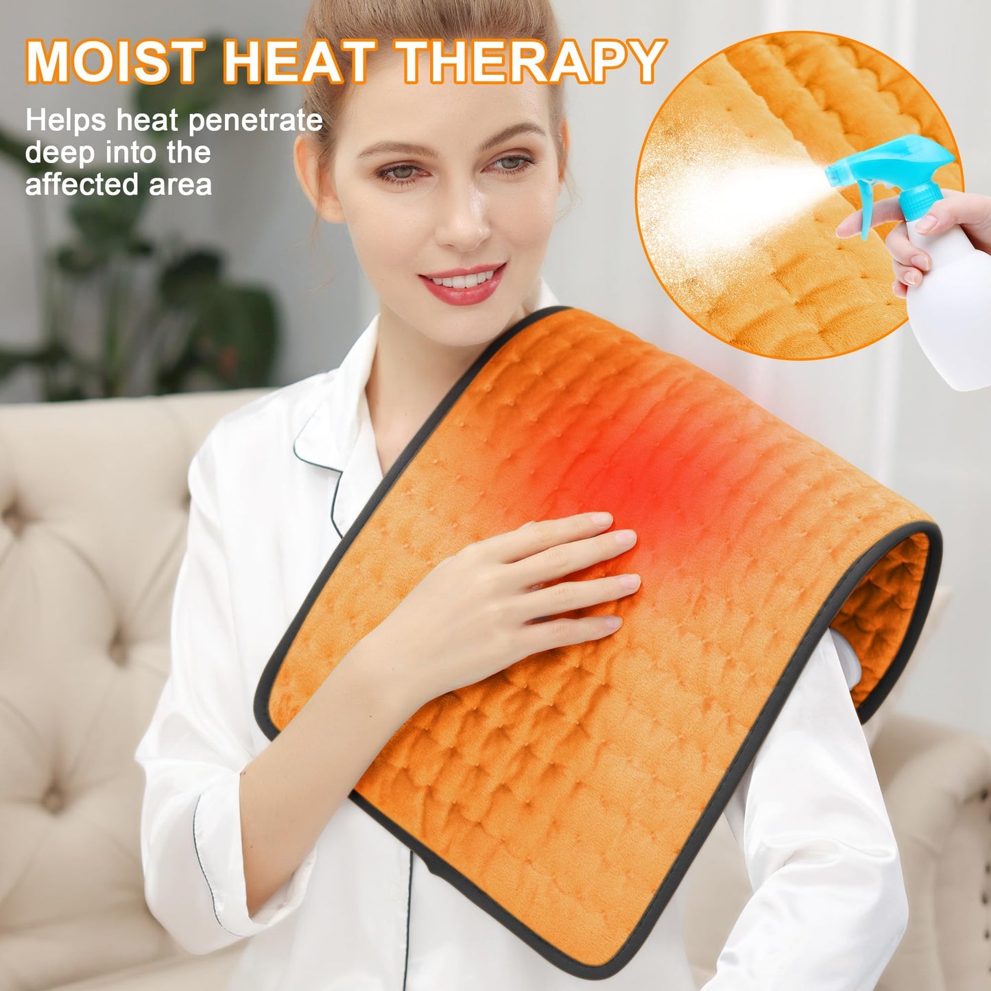 Deepsoon Heating Pad,Electric Heating Pads for Back,Neck,Abdomen,Moist Heating Pad for Shoulder,Knee,Arms,Legs,Dry/Moist Heat & Auto Shut Off,Christmas Gifts for Men and Women,Orange Black,24x12 Inch