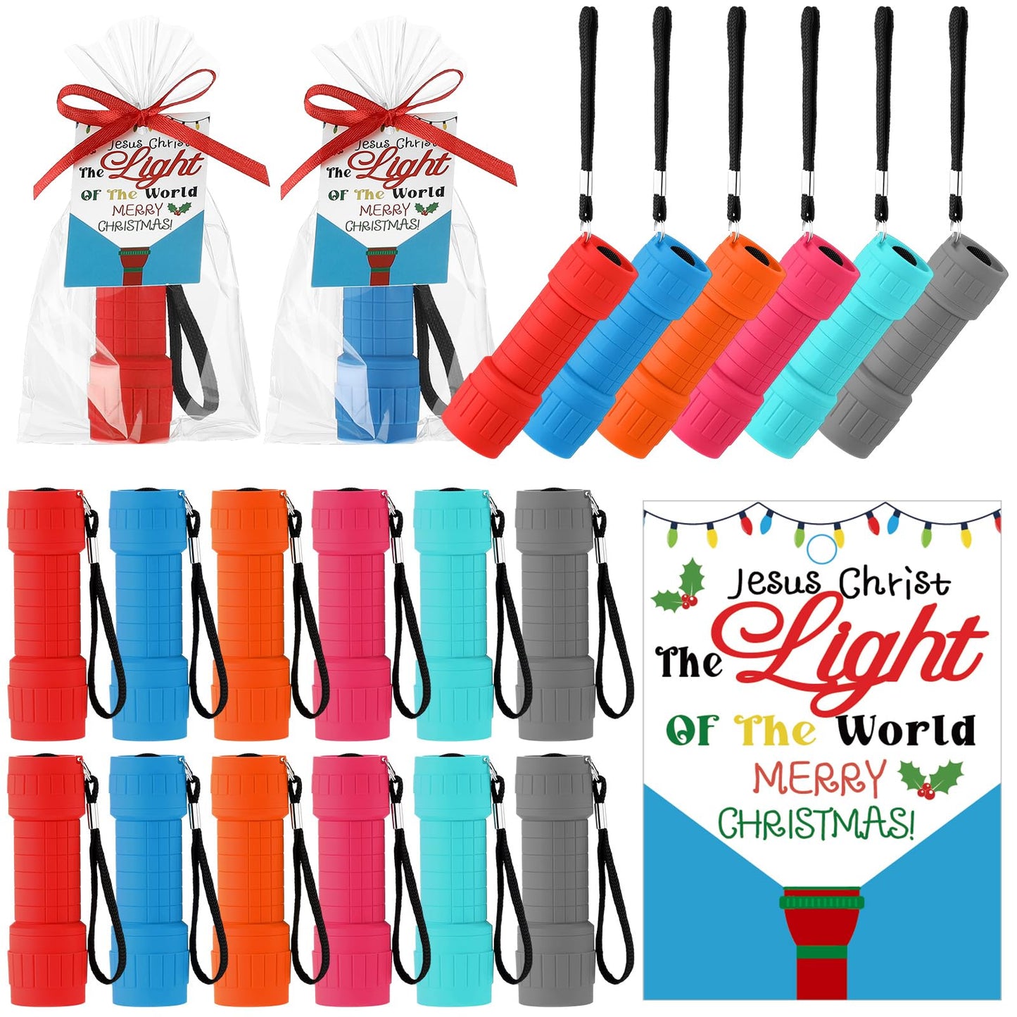 Flutesan 12 Sets Christmas Christian Gifts Bulk Flashlights Set With Jesus The Light Of The World Verse Cards 9 Led Handheld Lights Merry Christmas Card With Opp Bag For Party Favors