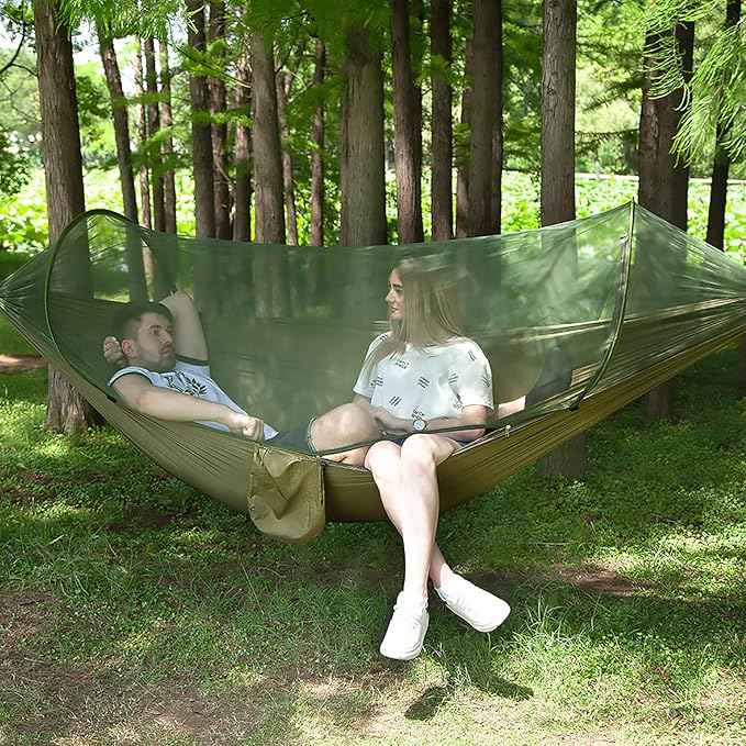 LFL Camping Hammock with Mosquito Net, Hammocks with 13ft Tree Straps Carabiners, Automatic Quick Open Outdoor Portable Hammock, Nylon Parachute Material Outside Hammocks (Black)