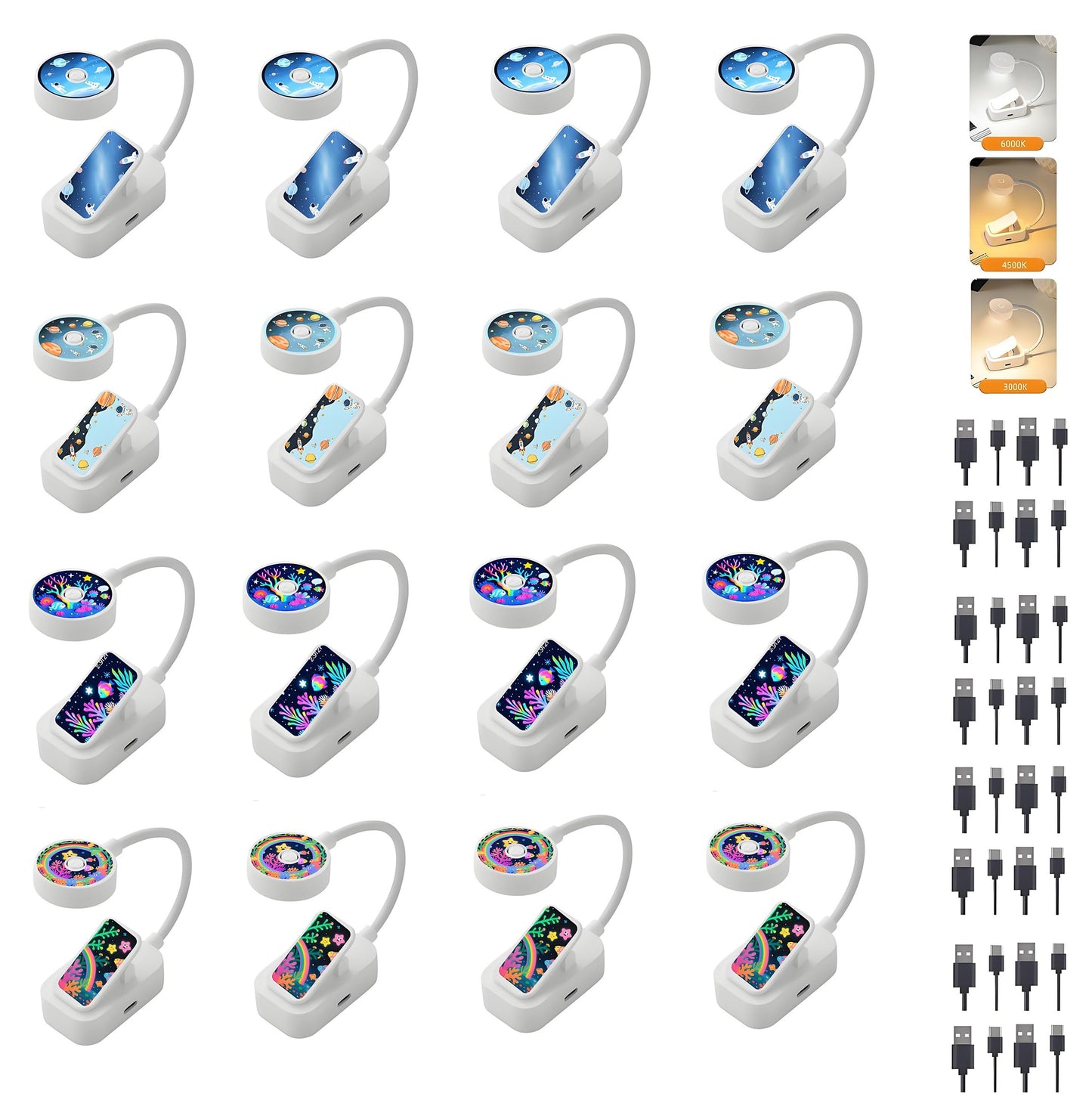 Darlur 16 Pack Rechargeable Cute Book Lights Bulk for Reading in Bed,3 Color,Adjustable Brightness,Clip on to Book Lights for Re