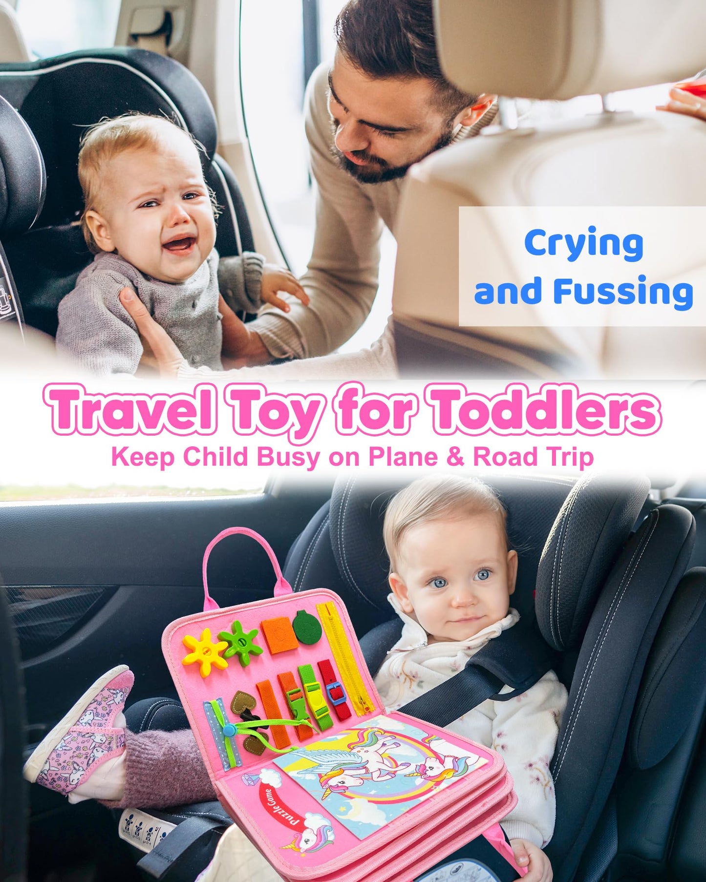 Walenty Busy Board Montessori Toys for Toddler Girl Birthday Gifts, Busy Book Sensory Learning Toys for Toddlers, Educational Activities Airplane Car Travel Toy for Girls