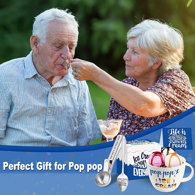 Pop Pop Gifts, Gifts for Pop from Grandkids on Christmas, Poppop's Ice Cream Bowl Scoop Shovel Spoon Set, Poppop’s Ice Cream Gift, Christmas Birthday Father's Day Pop Gift for Him Man