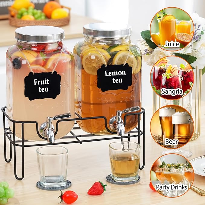 Moretoes Glass Drinks Dispenser for Parties, 2 PACK 1 Gallon Beverage Dispenser with Stand for Juice and Iced Tea, Water Jug Dispenser for Lemonade, Party Essential Beverage Pitcher with Spout