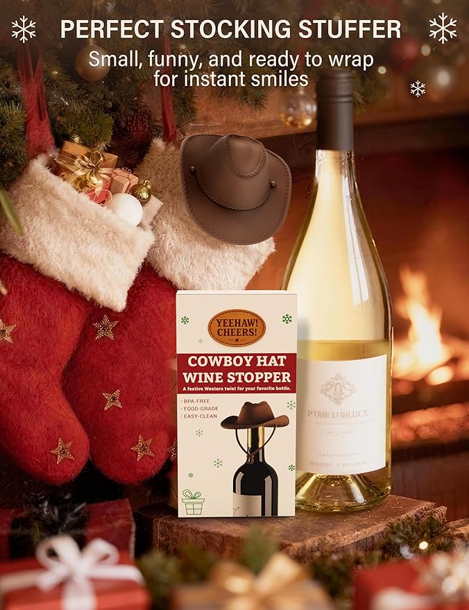 Cowboy Hat Wine Stopper, Funny Wine Gift for Wine Lovers, Wine Accessories, Silicone Bottle Stopper Keeps Wine Fresh, Stocking Stuffers White Elephant Gifts for Adults Men Women