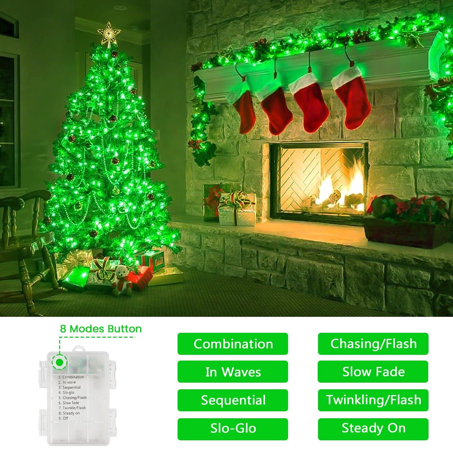 2 Pack Christmas String Lights Battery Operated With Timer  66Ft 200 Led Waterproof Twinkle Lights  8 Modes Fairy Light For Indoor And Outdoor Bedroom Garland Tree Christmas Decorations (Green)