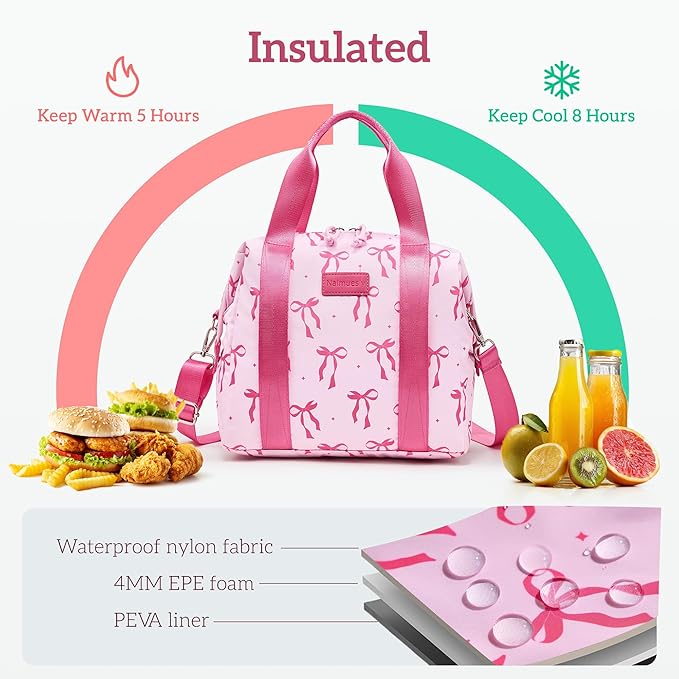 Lunch Bag Women Insulated Lunch Box,Cute Large Lunch bags,Reusable Leakproof Cooler Bag with Adjustable Shoulder Strap for Men Adult Work Office Picnic Hiking Pink bow