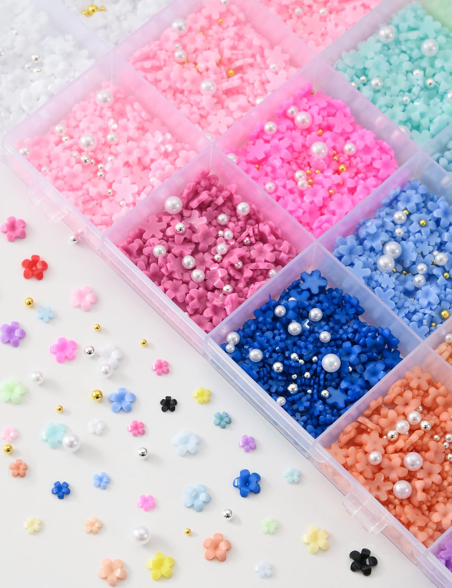 OPMADM 10000Pcs Flower Nail Charms Spring 3D Flowers for Nails with Caviar Beads and Flatback Pearls Cute Resin Nail Art Charms