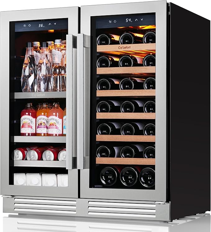 Ca'Lefort 30 Inch Wine and Beverage Refrigerator, 80 Cans 30 Bottles Dual Zone Cooler with Glass Door, 3 LED Built-in Compressor Fridge with Adjustable Shelves for Home Office Bar (6.0 cu.ft)
