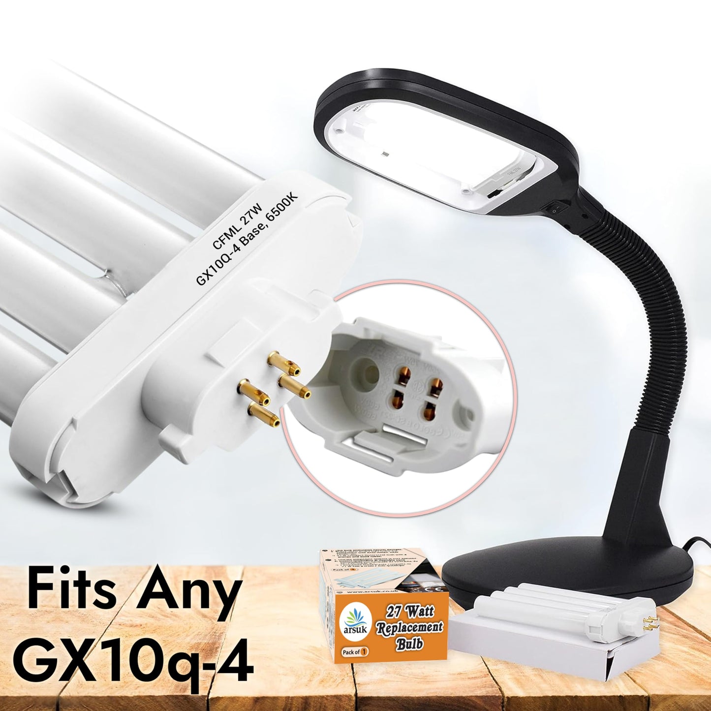 ARSUK 27W 4-Pin GX10Q-4 CFL Bulb, 6500K Daylight | FML27 Lamp Quad Tube 4-Prong Light Bulb Plug-in Compact Fluorescent Light 27 Watt Replacement Lamp for Desk, Office Reading Lamp Bulb