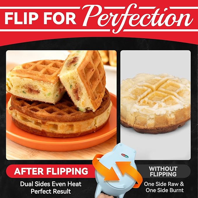6" Stuffed Waffle Maker Rotating, Flip Waffles Maker Machine with Removable Waffle Ring, Ceramic Coated Belgian Waffle Maker for Kids, Waflera Electrica, Waffle Iron, Pale Blue