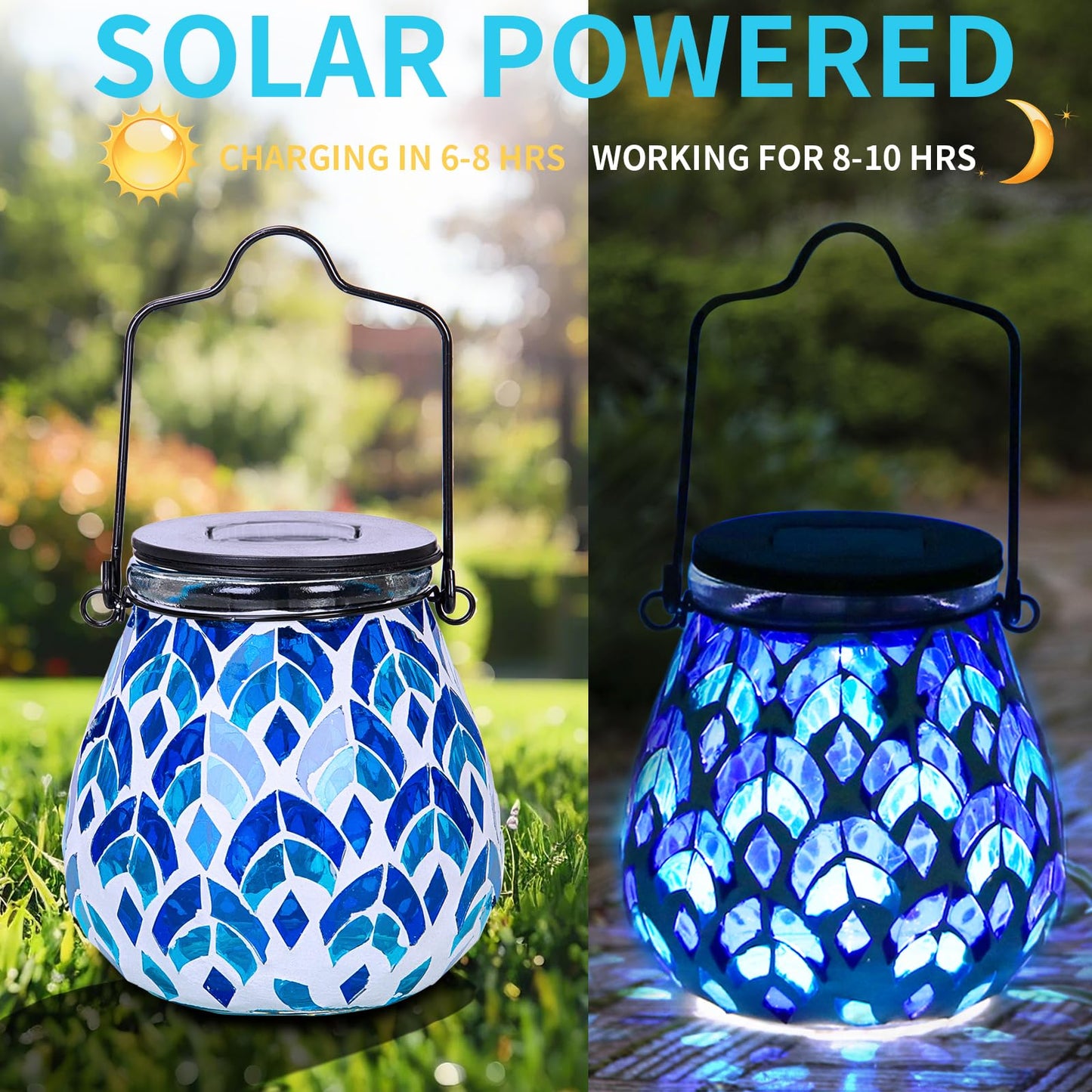 Afirst Mosaic Solar Lantern - Glass Hanging Lights, Waterproof, Blue, Model US-4400620-BL, For Garden & Patio Decoration, 1 Pack