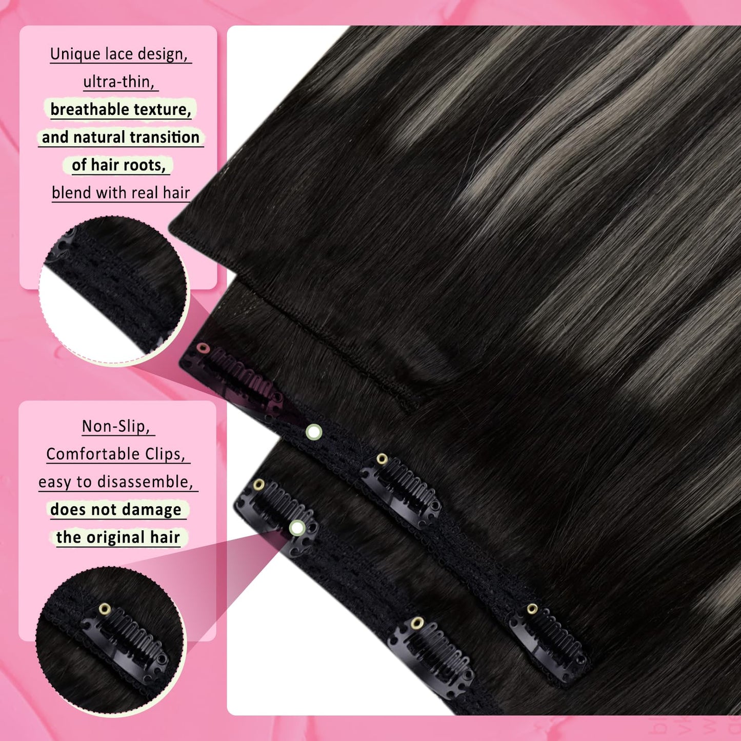 YoungSee Clip in Human Hair Extensions Ombre Clip on Hair Extensions Human Hair Blend of Black and Silver with Black Roots Thick