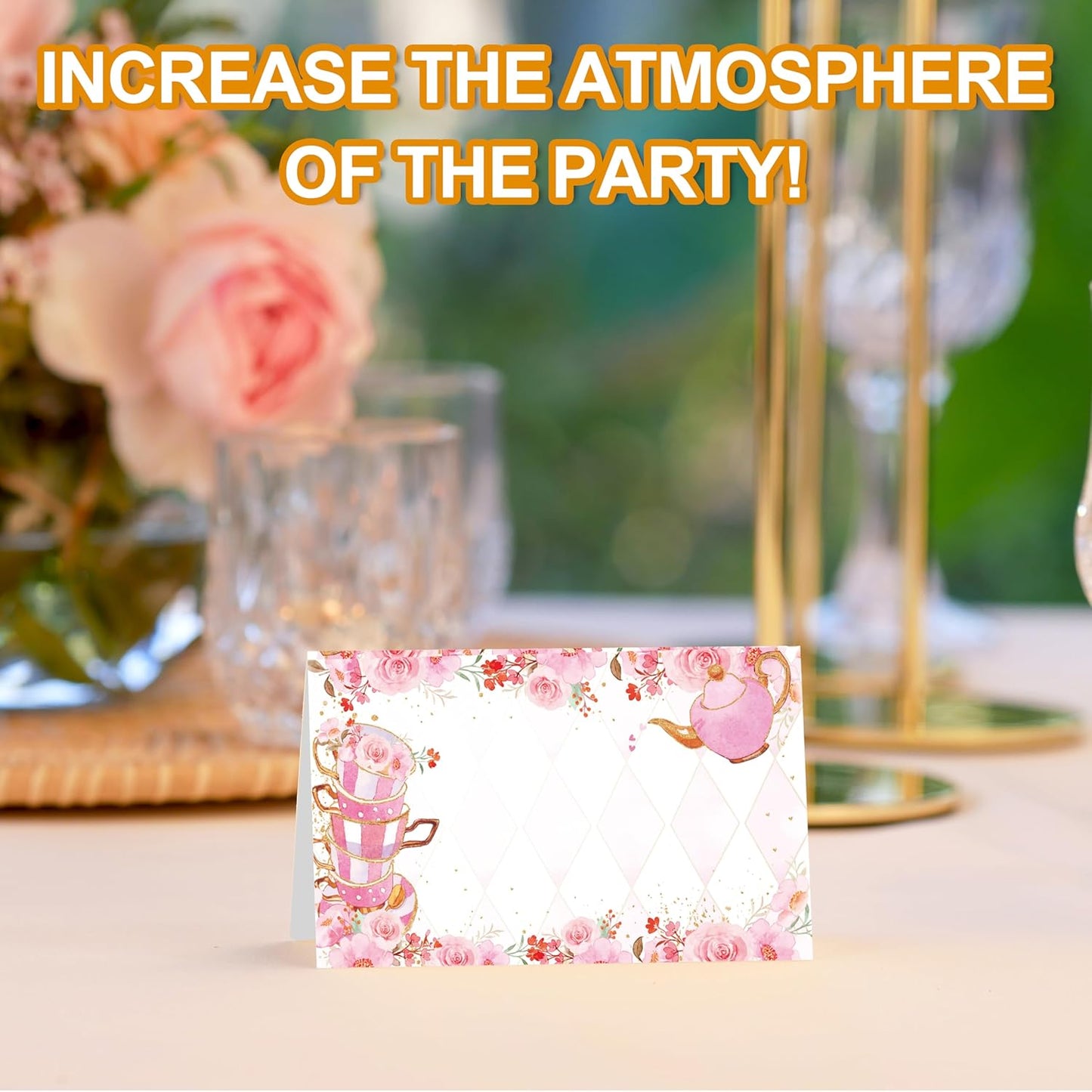 Tea Party Place Cards, Garden Floral Tea Cup Table Place Cards For Table Setting, Pink Name Cards For Birthday Baby Shower Girls Party Ladies Event Dinner Wedding, 25 Cards Included -06