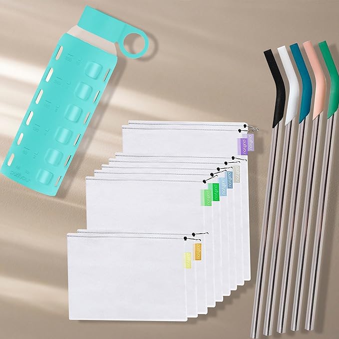 purifyou Reusable Produce Bags S9 (XL, L, S), 14.5" Stainless Straws S5 with Silicone Tips for Stanley Tumbler, Glass Water Bottles 12oz with Volume & Times, Silicone Sleeve in Aqua Blue.