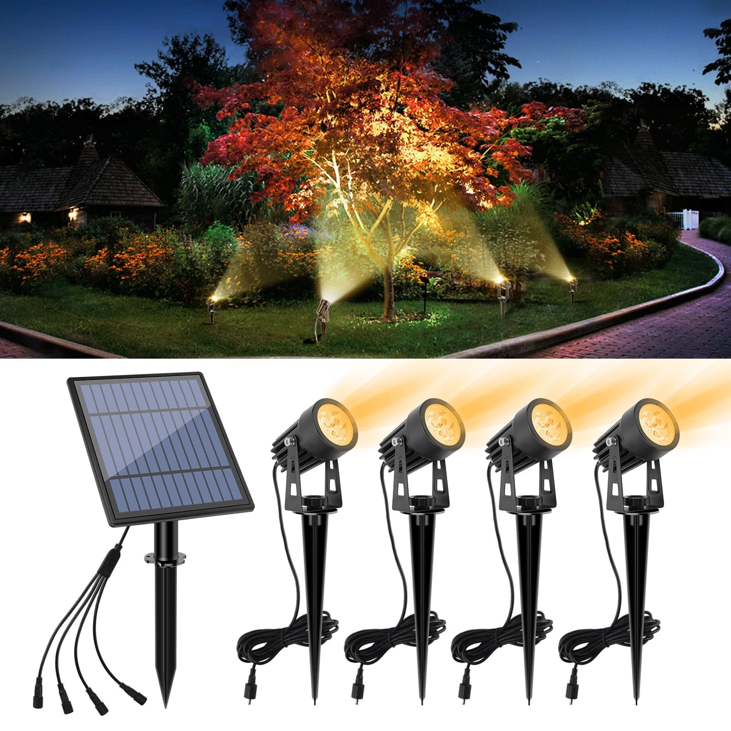APONUO Solar Spot Lights Outdoor, IP65 Waterproof, 9.8ft Cable, Warm White, 4-in-1, Aluminum, Model: Spot Light02