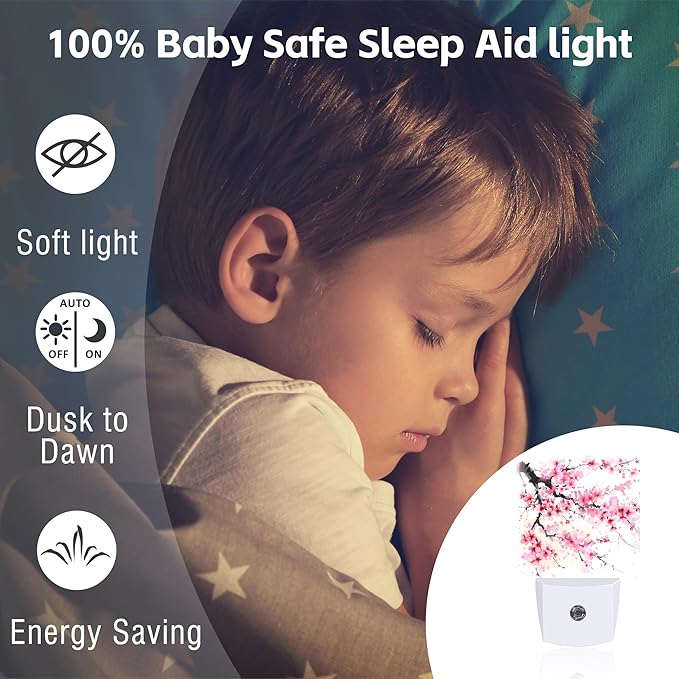 Watercolor Cherry Blossoms Tree Night Light for Kids,Abstract Pink Floral Night Light Plug in with Dusk to Dawn Sensor,0.5w Energy Saving Nightlight for Hallway Stairway Kitchen Bedroom