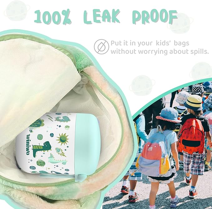 12oz Insulated Food Jar for Kids, Easy Carry, Wide Mouth, Thermos for Hot Food, Soup, Salad, Sandwich, School Lunches (Green-Dinosaur)