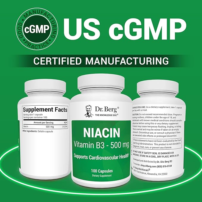 Dr. Berg Niacin 500mg with Flushing for Heart Health & Energy Support* - 100-Day Supply Vitamin B3 Niacin from Dr. Berg Recommended Nicotinic Acid - 100 Capsules