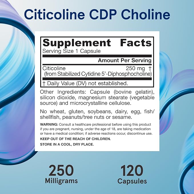 Jarrow Formulas Citicoline CDP Choline 250 MG, CDP Choline Supplement Supports Brain Health, Performance and Memory, 120 Capsules, Up to a 120 Day Supply