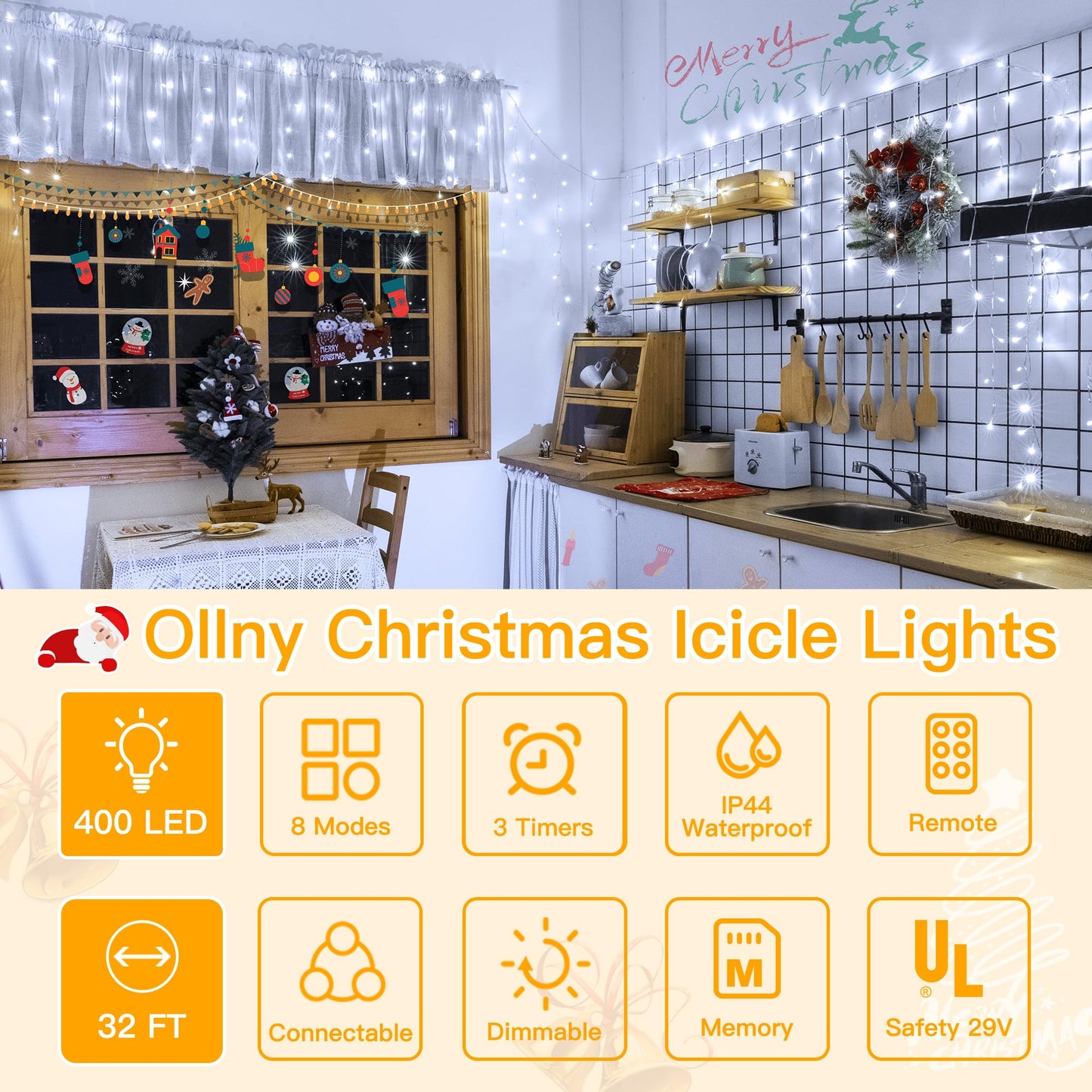 Ollny Icicle Lights 396Led, Cool White, Waterproof, Remote Control, 32Ft, Model Hg-29V397Bc, Perfect For Indoor/Outdoor Holiday Decor