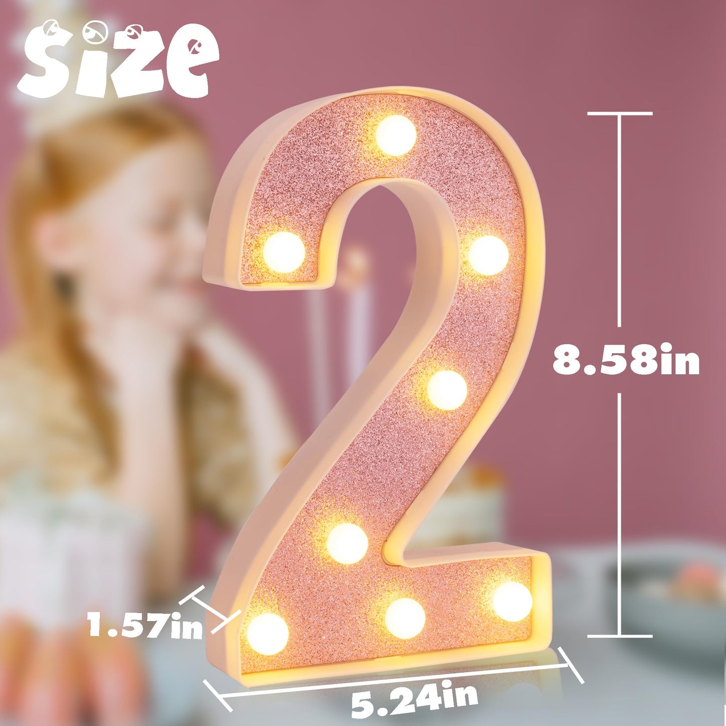 DyingSwan LED Marquee Number 2, 8.58 Inch Pink Glitter Light Up Decor, Battery Powered Plastic Night Light