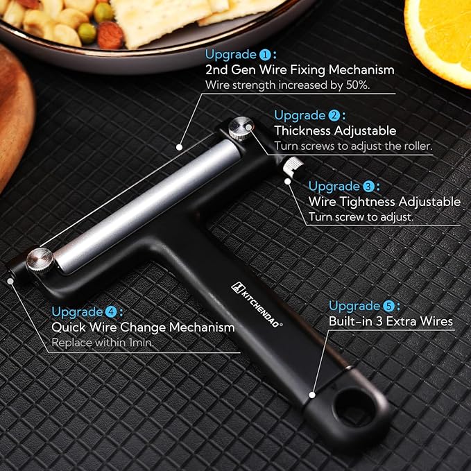 KITCHENDAO Adjustable Wire Cheese Slicer Cutter, 50% Stronger Wires with 2nd Gen Wire Fixing Mechanism, Adjustable Hand-Held Wire Cheese Cutter, Quick Replacement, Dishwasher Safe, with 3 Extra Wires