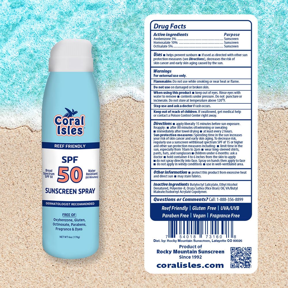 Coral Isles SPF 50 Sunscreen Spray - Hawaii Compliant as Reef Safe - Oxybenzone & Octinoxate Free - Broad Spectrum - Water Resis