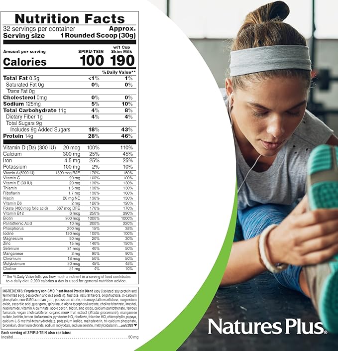 NaturesPlus SPIRU-TEIN, Vanilla - 2.12 lbs - Spirulina Protein Powder - Vitamins & Minerals for Energy - Vegetarian, Gluten Free - 32 Servings