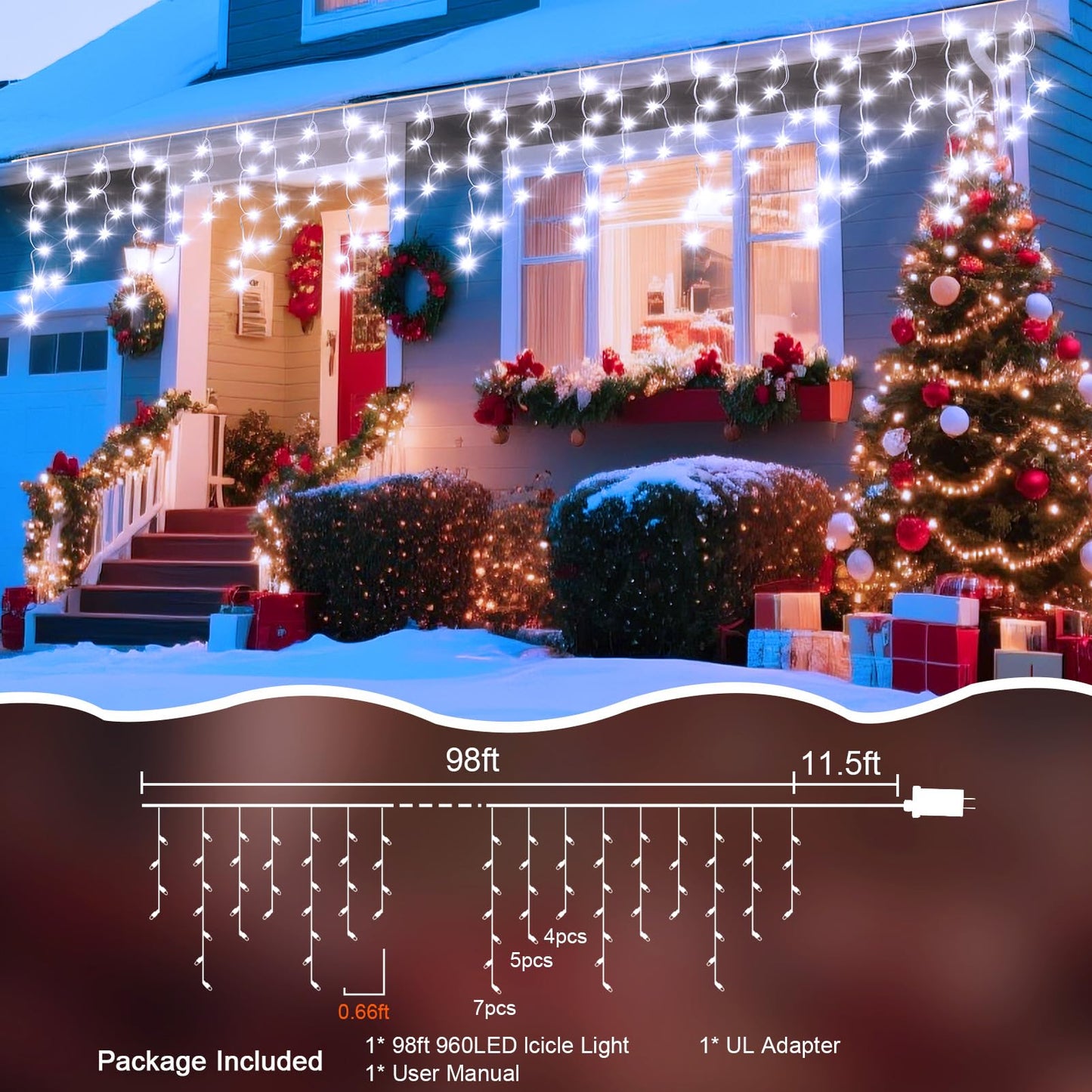 Jdgjyds 98 Ft Ice Lights For Outside  960 Led Christmas Lights Outdoor Plug In  Christmas String Lights With 8 Modes & Timer For Holiday  Party  Wedding  House  Patio  Outdoor Decor(Cool White)
