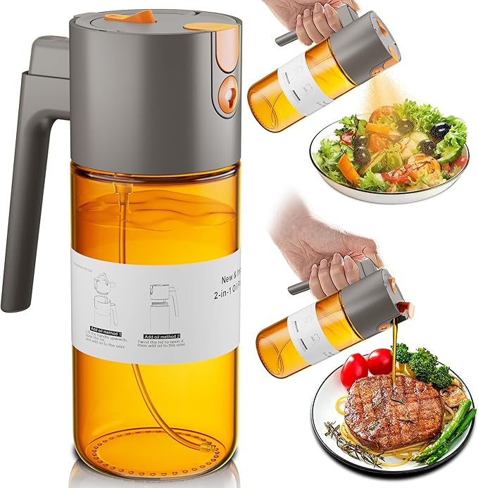 Upgrade 2 in 1 Oil Sprayer for Cooking, Olive Oil Dispenser Bottle for Kitchen Gadgets with Stickers, 17oz/500ml Food Grade Light-Blocking Glass Spray Bottle for Salad, Air Fryer, BBQ